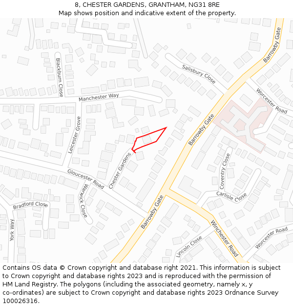 8, CHESTER GARDENS, GRANTHAM, NG31 8RE: Location map and indicative extent of plot