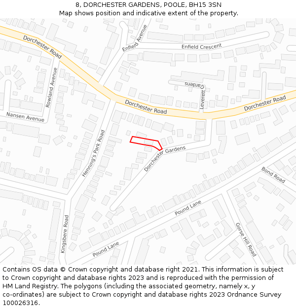 8, DORCHESTER GARDENS, POOLE, BH15 3SN: Location map and indicative extent of plot