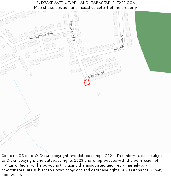 8, DRAKE AVENUE, YELLAND, BARNSTAPLE, EX31 3GN: Location map and indicative extent of plot