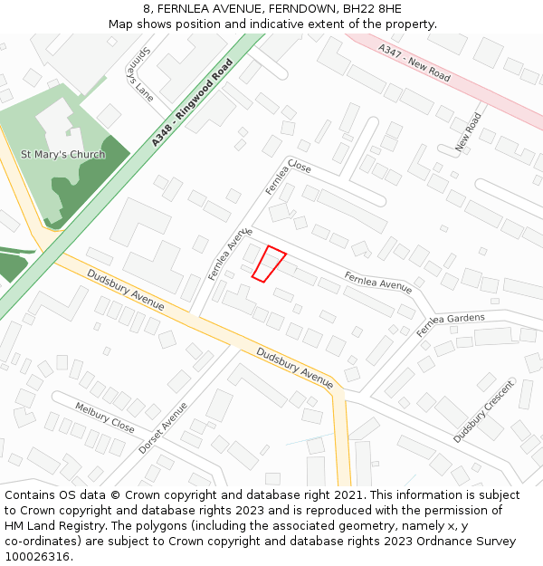 8, FERNLEA AVENUE, FERNDOWN, BH22 8HE: Location map and indicative extent of plot