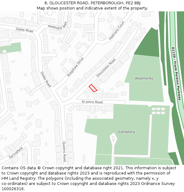 8, GLOUCESTER ROAD, PETERBOROUGH, PE2 8BJ: Location map and indicative extent of plot