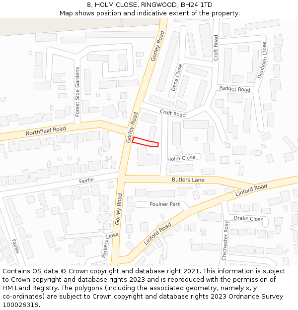 8, HOLM CLOSE, RINGWOOD, BH24 1TD: Location map and indicative extent of plot