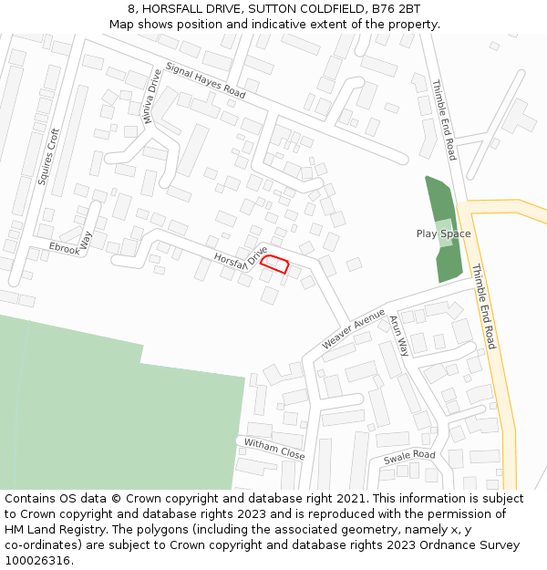 8, HORSFALL DRIVE, SUTTON COLDFIELD, B76 2BT: Location map and indicative extent of plot