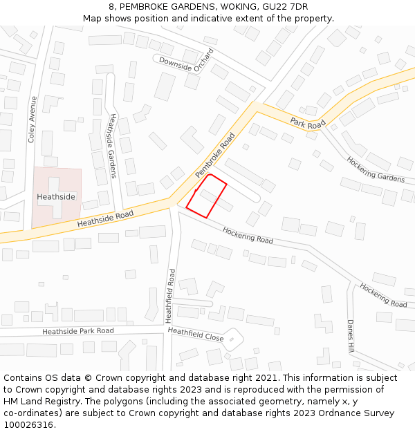 8, PEMBROKE GARDENS, WOKING, GU22 7DR: Location map and indicative extent of plot