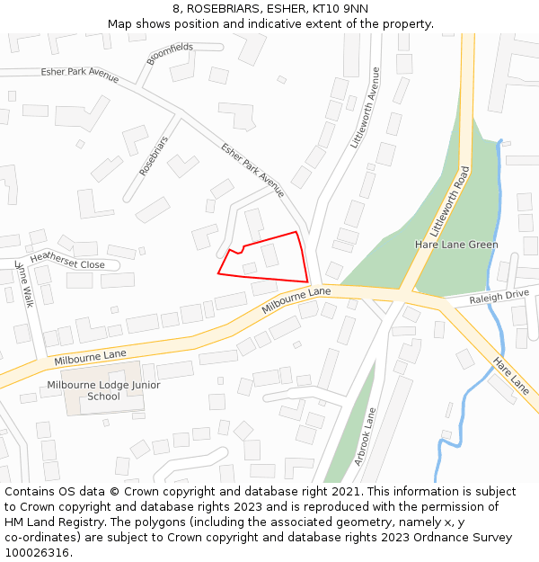 8, ROSEBRIARS, ESHER, KT10 9NN: Location map and indicative extent of plot