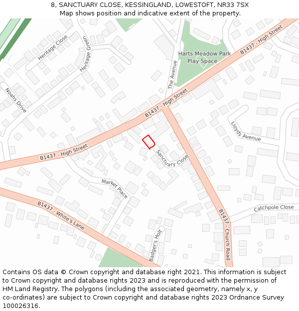 8, SANCTUARY CLOSE, KESSINGLAND, LOWESTOFT, NR33 7SX: Location map and indicative extent of plot