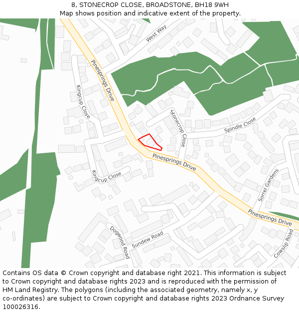 8, STONECROP CLOSE, BROADSTONE, BH18 9WH: Location map and indicative extent of plot