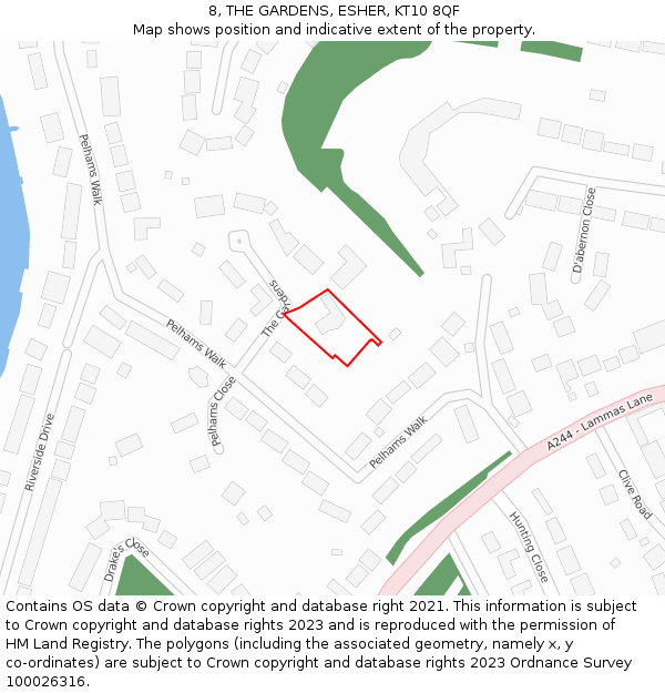 8, THE GARDENS, ESHER, KT10 8QF: Location map and indicative extent of plot