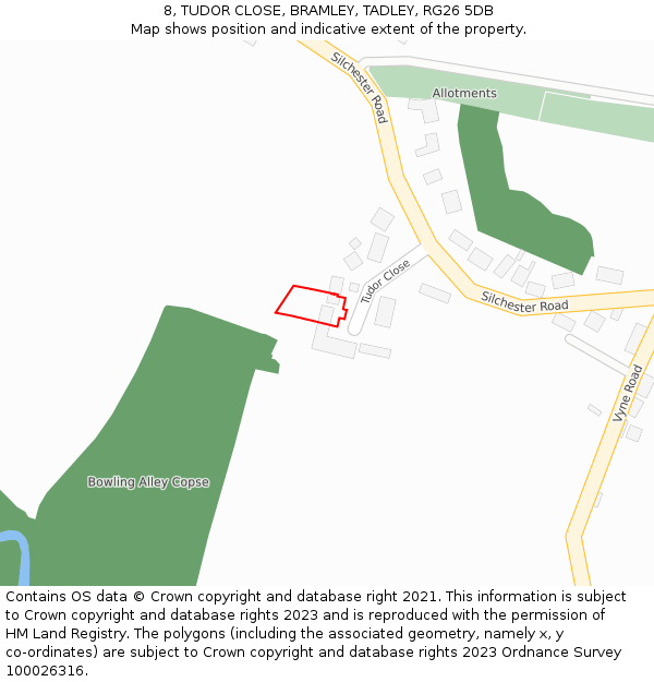 8, TUDOR CLOSE, BRAMLEY, TADLEY, RG26 5DB: Location map and indicative extent of plot