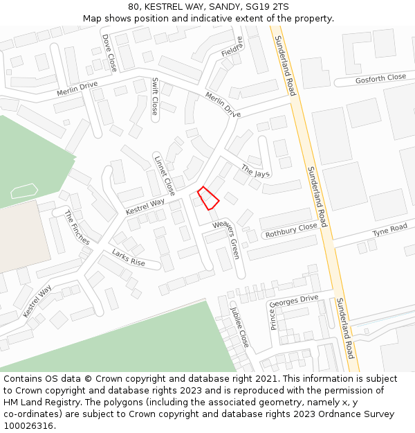 80, KESTREL WAY, SANDY, SG19 2TS: Location map and indicative extent of plot