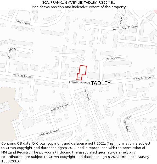 80A, FRANKLIN AVENUE, TADLEY, RG26 4EU: Location map and indicative extent of plot