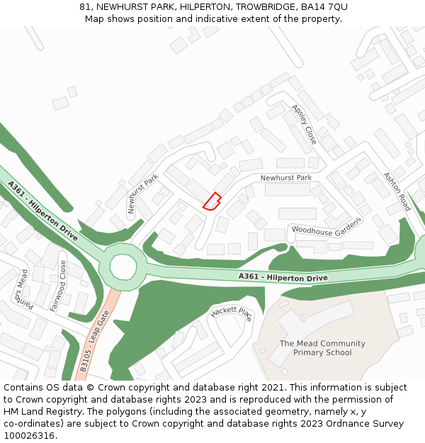 81, NEWHURST PARK, HILPERTON, TROWBRIDGE, BA14 7QU: Location map and indicative extent of plot