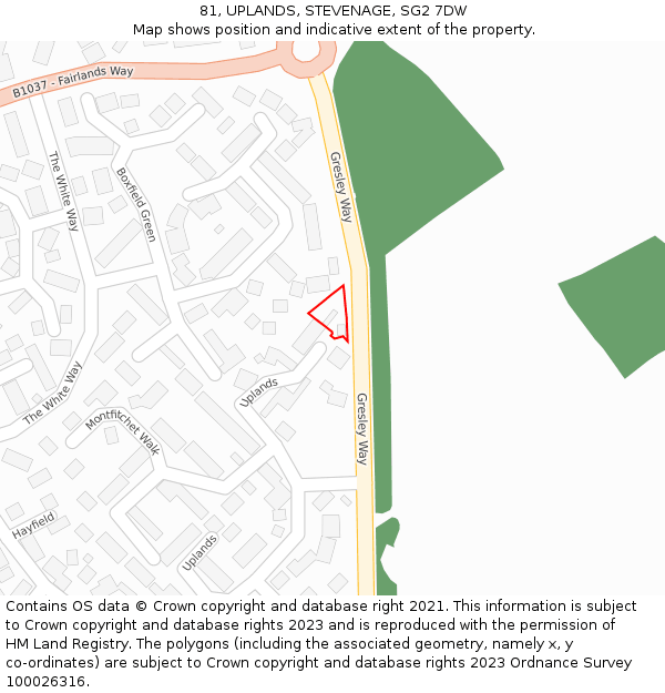 81, UPLANDS, STEVENAGE, SG2 7DW: Location map and indicative extent of plot