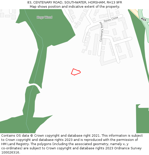 83, CENTENARY ROAD, SOUTHWATER, HORSHAM, RH13 9FR: Location map and indicative extent of plot