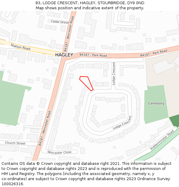 83, LODGE CRESCENT, HAGLEY, STOURBRIDGE, DY9 0ND: Location map and indicative extent of plot