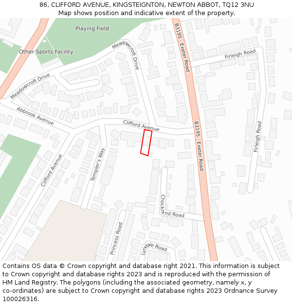 86, CLIFFORD AVENUE, KINGSTEIGNTON, NEWTON ABBOT, TQ12 3NU: Location map and indicative extent of plot