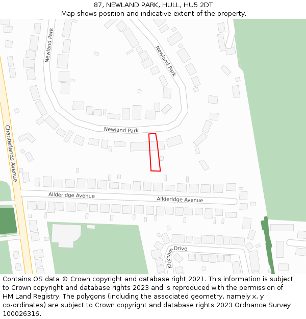 87, NEWLAND PARK, HULL, HU5 2DT: Location map and indicative extent of plot