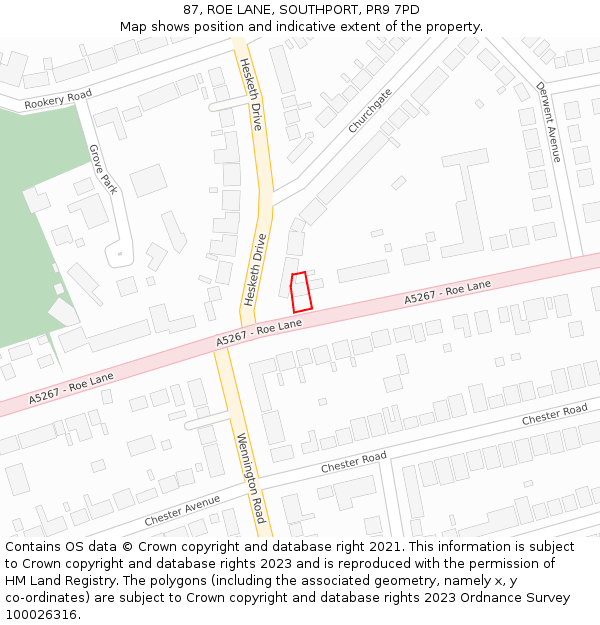 87, ROE LANE, SOUTHPORT, PR9 7PD: Location map and indicative extent of plot