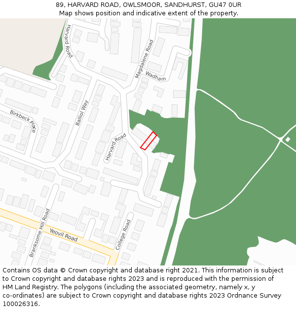 89, HARVARD ROAD, OWLSMOOR, SANDHURST, GU47 0UR: Location map and indicative extent of plot