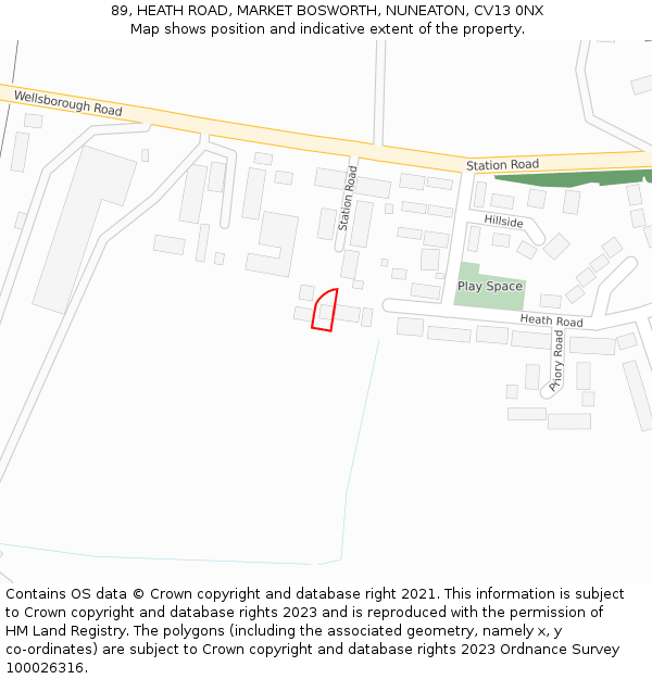 89, HEATH ROAD, MARKET BOSWORTH, NUNEATON, CV13 0NX: Location map and indicative extent of plot