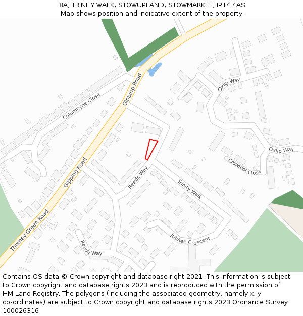 8A, TRINITY WALK, STOWUPLAND, STOWMARKET, IP14 4AS: Location map and indicative extent of plot