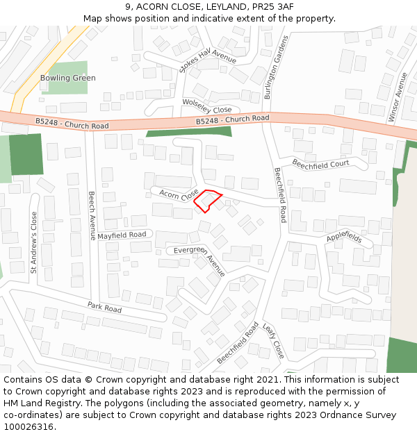 9, ACORN CLOSE, LEYLAND, PR25 3AF: Location map and indicative extent of plot