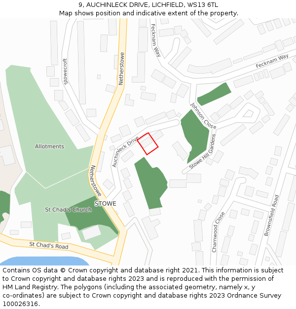 9, AUCHINLECK DRIVE, LICHFIELD, WS13 6TL: Location map and indicative extent of plot