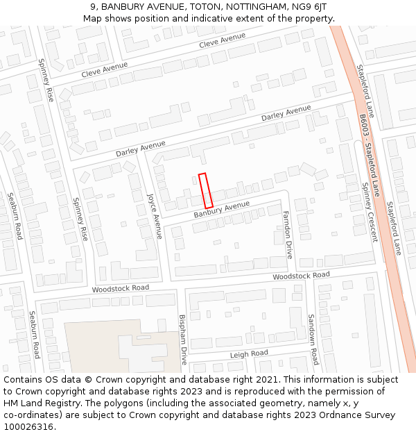 9, BANBURY AVENUE, TOTON, NOTTINGHAM, NG9 6JT: Location map and indicative extent of plot