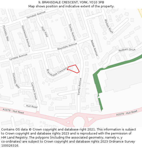 9, BRANSDALE CRESCENT, YORK, YO10 3PB: Location map and indicative extent of plot