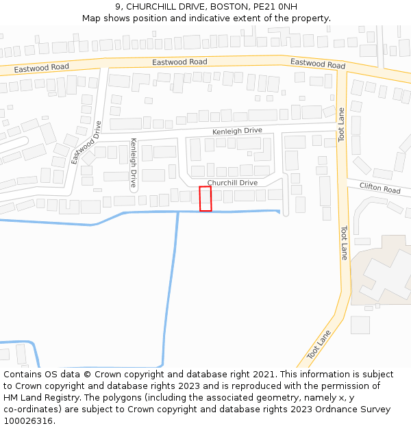 9, CHURCHILL DRIVE, BOSTON, PE21 0NH: Location map and indicative extent of plot