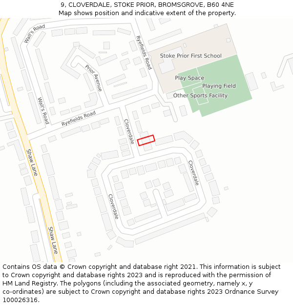 9, CLOVERDALE, STOKE PRIOR, BROMSGROVE, B60 4NE: Location map and indicative extent of plot