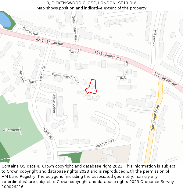 9, DICKENSWOOD CLOSE, LONDON, SE19 3LA: Location map and indicative extent of plot