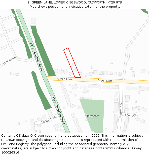 9, GREEN LANE, LOWER KINGSWOOD, TADWORTH, KT20 6TB: Location map and indicative extent of plot