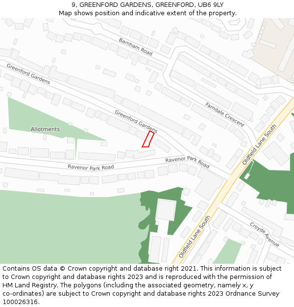 9, GREENFORD GARDENS, GREENFORD, UB6 9LY: Location map and indicative extent of plot