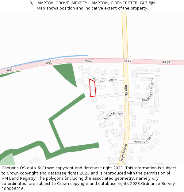 9, HAMPTON GROVE, MEYSEY HAMPTON, CIRENCESTER, GL7 5JN: Location map and indicative extent of plot