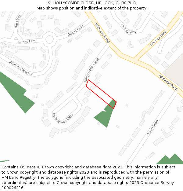 9, HOLLYCOMBE CLOSE, LIPHOOK, GU30 7HR: Location map and indicative extent of plot