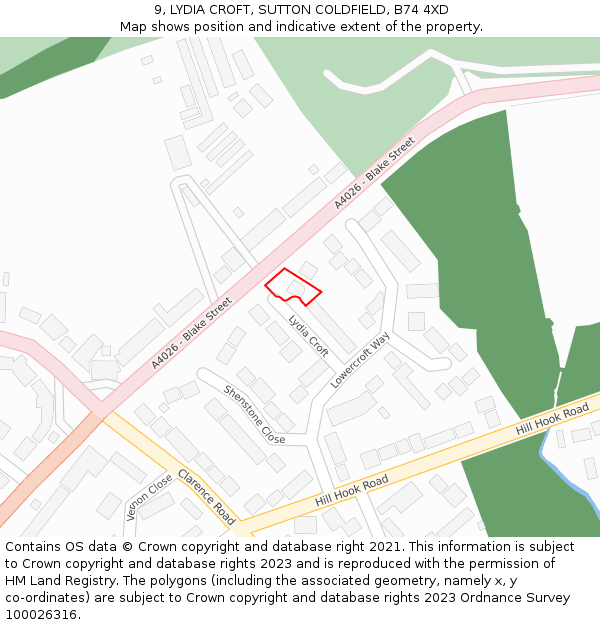 9, LYDIA CROFT, SUTTON COLDFIELD, B74 4XD: Location map and indicative extent of plot