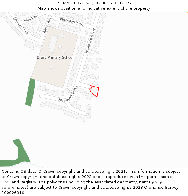 9, MAPLE GROVE, BUCKLEY, CH7 3JS: Location map and indicative extent of plot