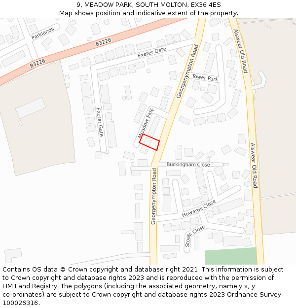 9, MEADOW PARK, SOUTH MOLTON, EX36 4ES: Location map and indicative extent of plot