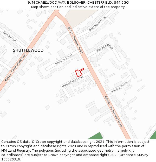 9, MICHAELWOOD WAY, BOLSOVER, CHESTERFIELD, S44 6GG: Location map and indicative extent of plot