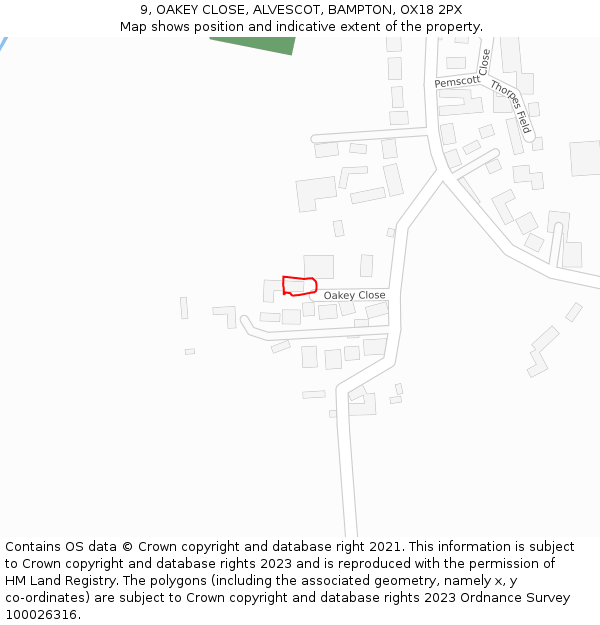 9, OAKEY CLOSE, ALVESCOT, BAMPTON, OX18 2PX: Location map and indicative extent of plot