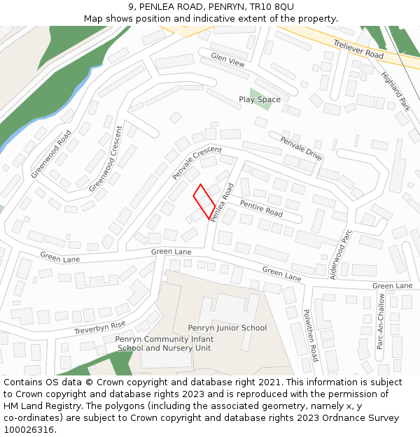 9, PENLEA ROAD, PENRYN, TR10 8QU: Location map and indicative extent of plot