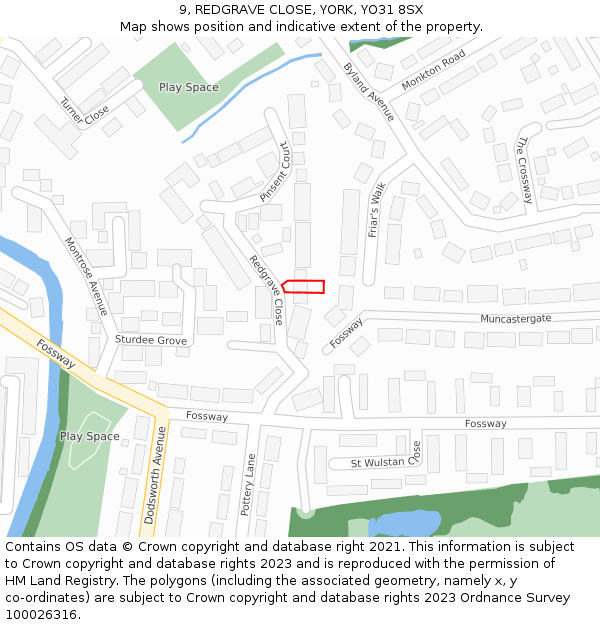 9, REDGRAVE CLOSE, YORK, YO31 8SX: Location map and indicative extent of plot