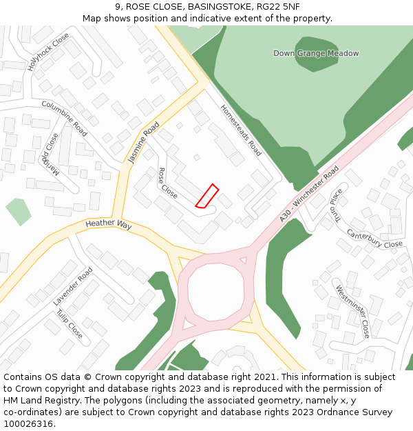 9, ROSE CLOSE, BASINGSTOKE, RG22 5NF: Location map and indicative extent of plot