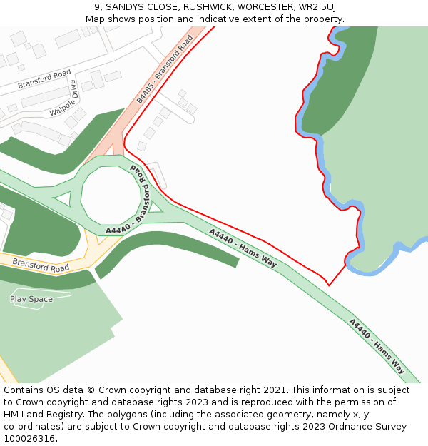 9, SANDYS CLOSE, RUSHWICK, WORCESTER, WR2 5UJ: Location map and indicative extent of plot