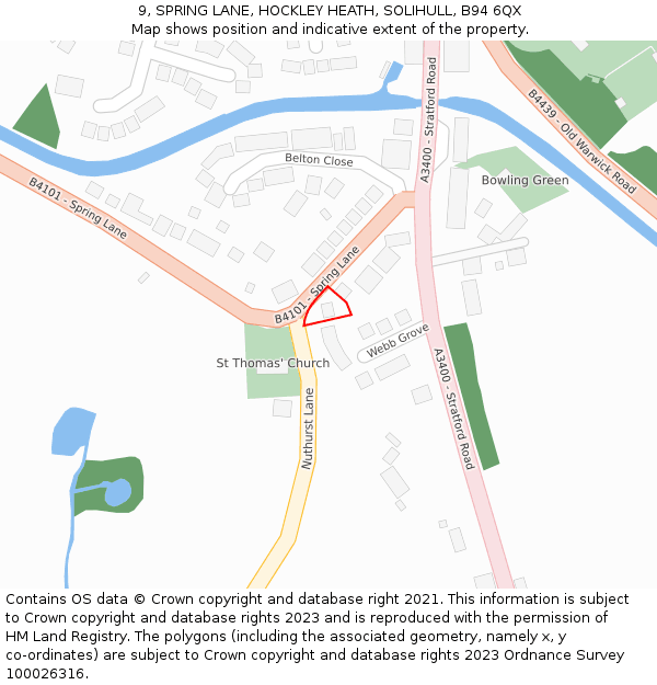 9, SPRING LANE, HOCKLEY HEATH, SOLIHULL, B94 6QX: Location map and indicative extent of plot