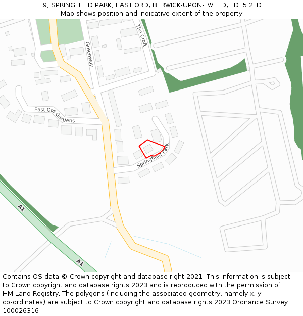 9, SPRINGFIELD PARK, EAST ORD, BERWICK-UPON-TWEED, TD15 2FD: Location map and indicative extent of plot