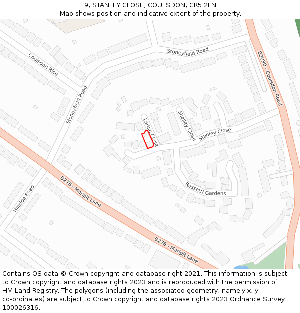 9, STANLEY CLOSE, COULSDON, CR5 2LN: Location map and indicative extent of plot