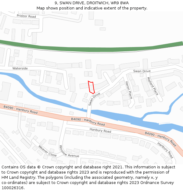 9, SWAN DRIVE, DROITWICH, WR9 8WA: Location map and indicative extent of plot