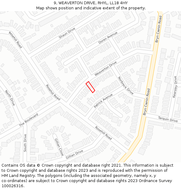 9, WEAVERTON DRIVE, RHYL, LL18 4HY: Location map and indicative extent of plot